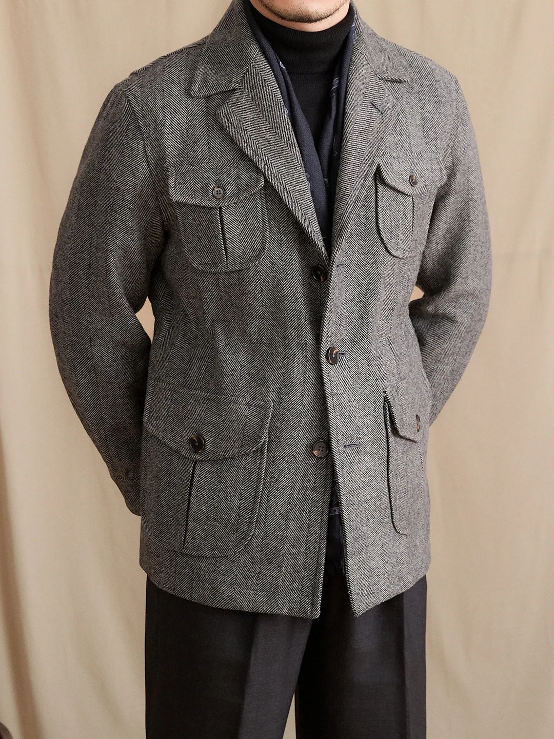 Men's Dark Gray wool suit collar commuter jacket with cinched style and pocket