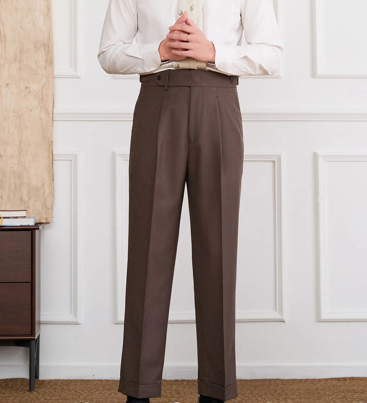 Non-iron high waist straight trousers in Black, side view showing straight leg and zipper fly