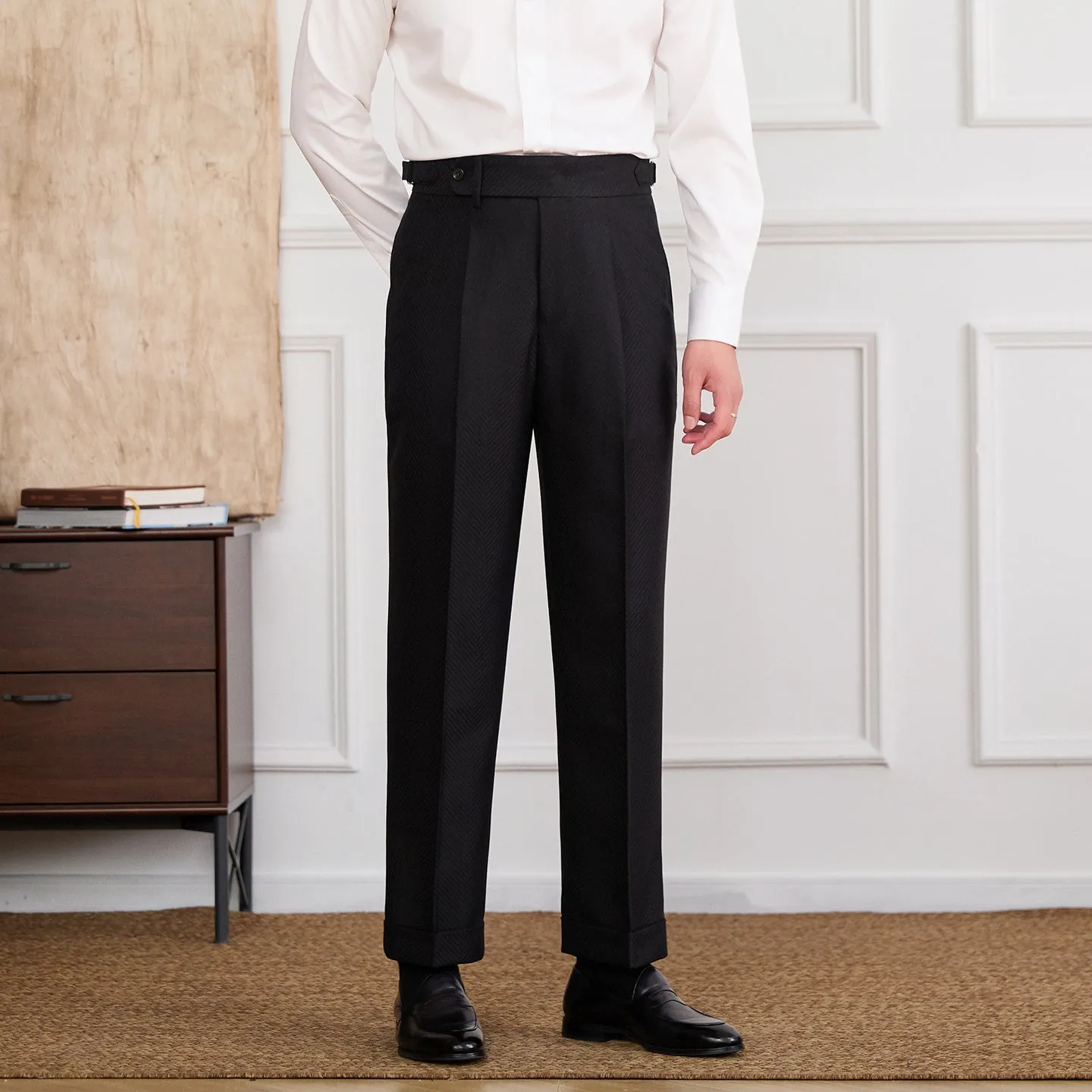 Non-iron high waist straight trousers in Black, side view showing straight leg and zipper fly