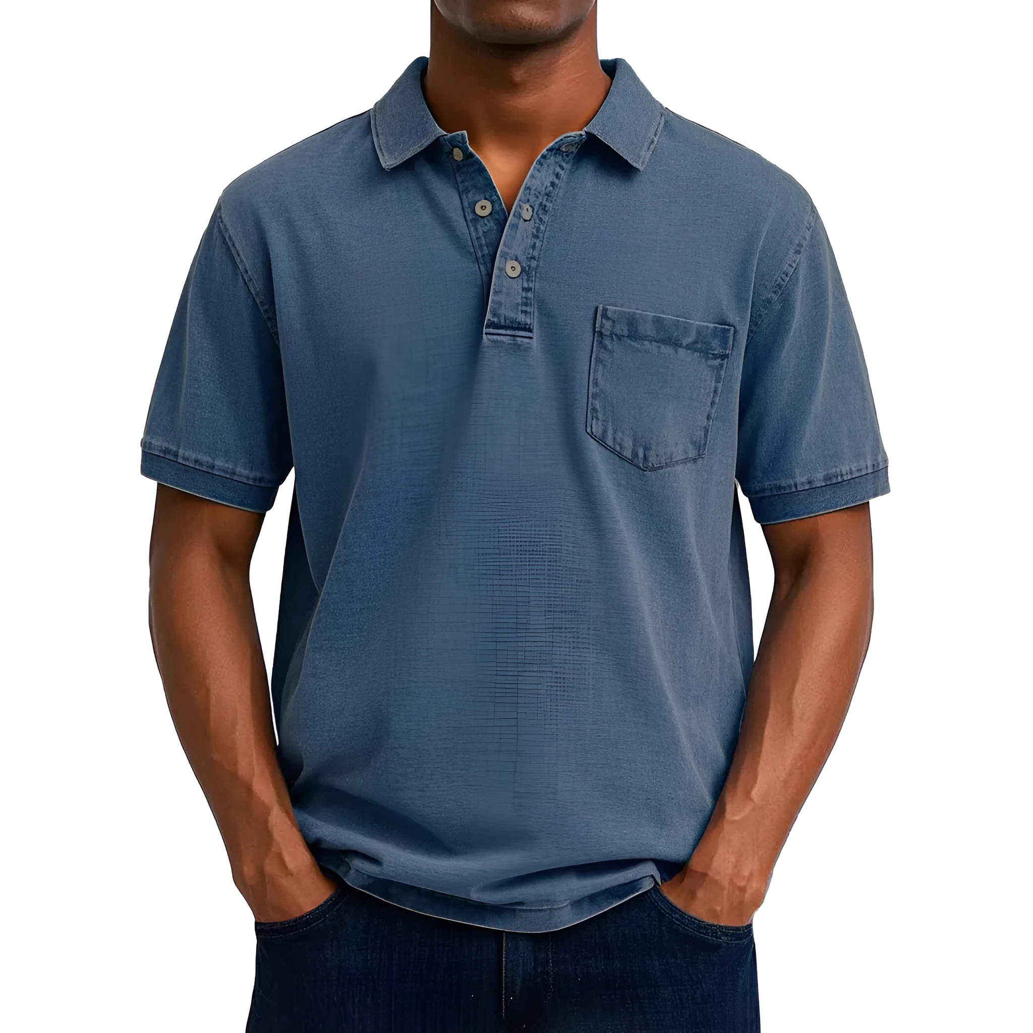 Plus size man wearing a loose fit Army Green short sleeve polyester shirt in Korean cardigan style.