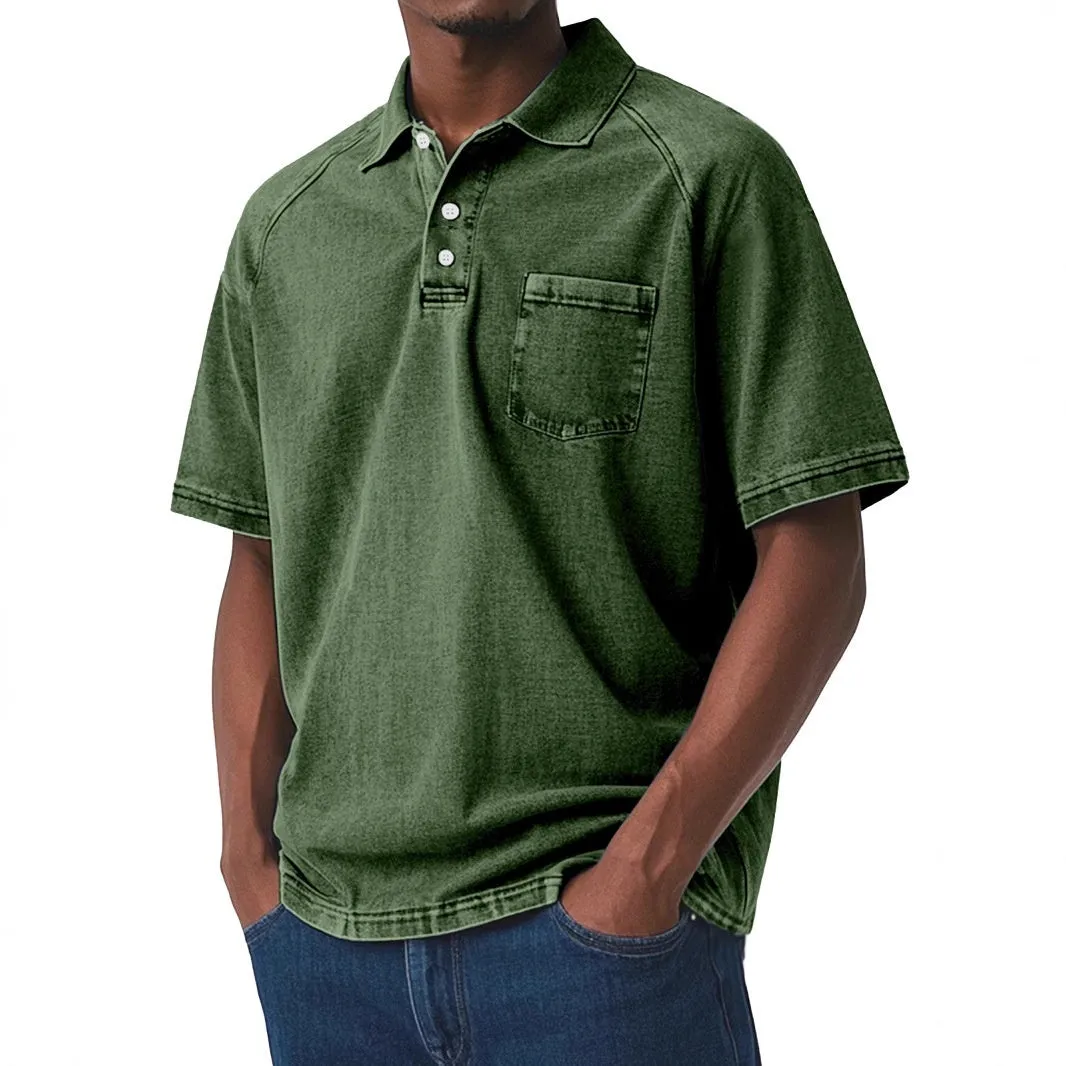 Plus size man wearing a loose fit Army Green short sleeve polyester shirt in Korean cardigan style.