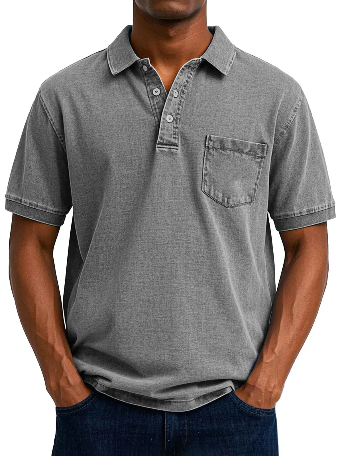 Plus size man wearing a loose fit Army Green short sleeve polyester shirt in Korean cardigan style.