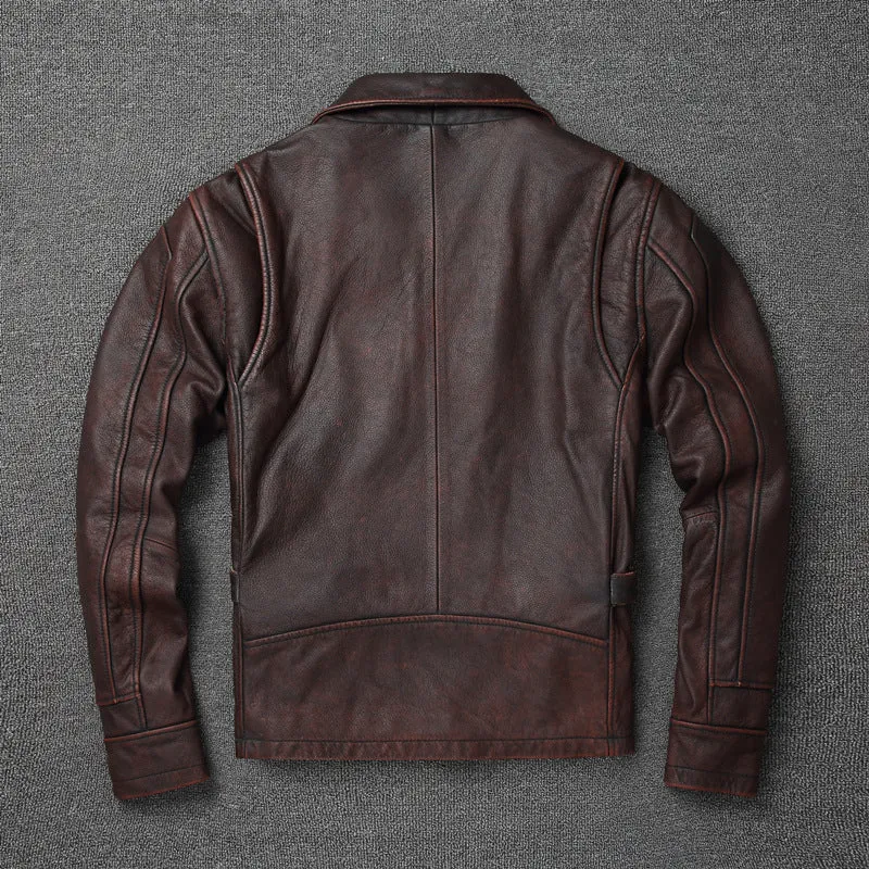 Men's short motorcycle coat in reddish brown genuine cowhide leather with stonewashed distressed finish