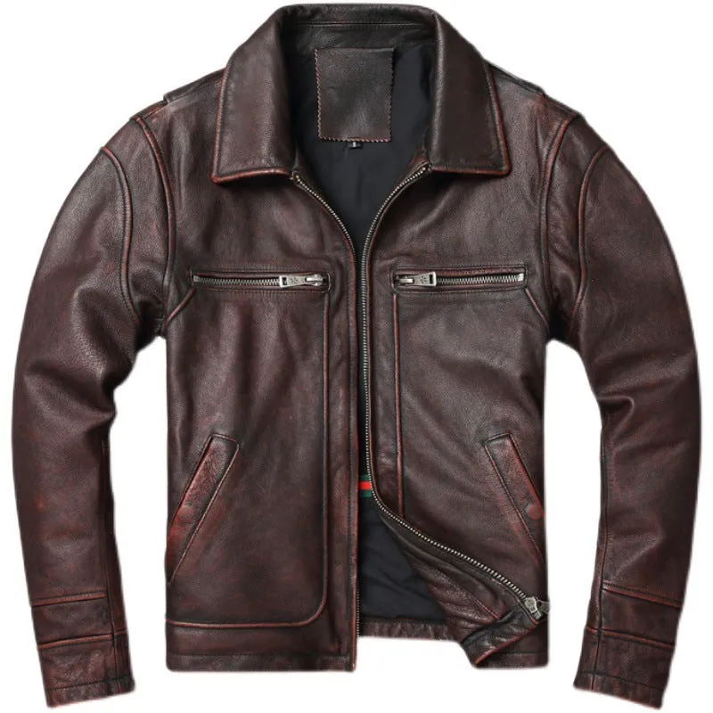 Men's short motorcycle coat in reddish brown genuine cowhide leather with stonewashed distressed finish