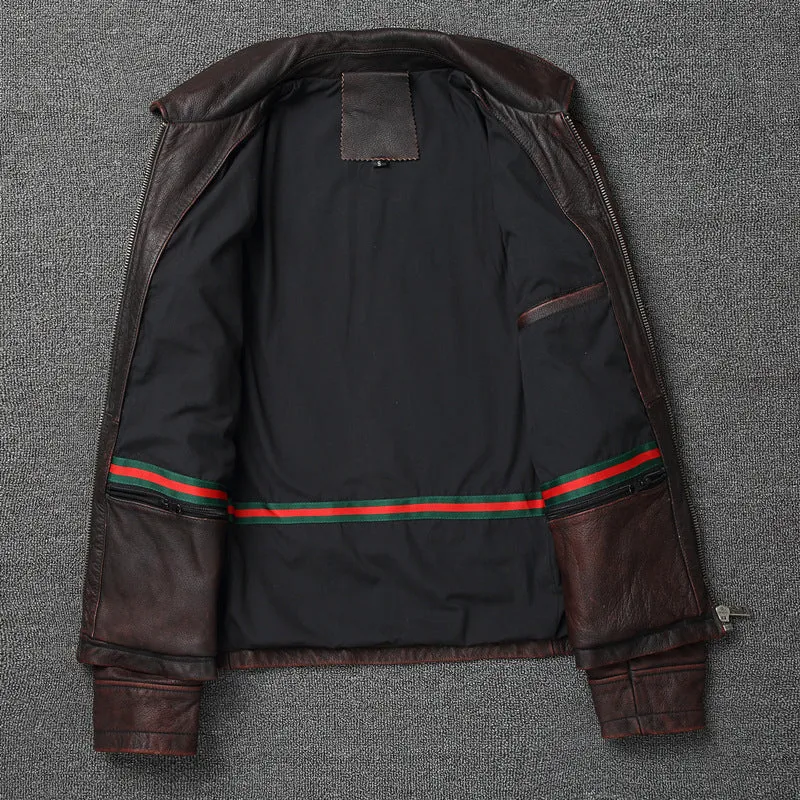 Men's short motorcycle coat in reddish brown genuine cowhide leather with stonewashed distressed finish