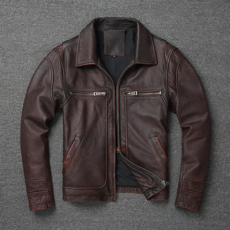 Men's short motorcycle coat in reddish brown genuine cowhide leather with stonewashed distressed finish