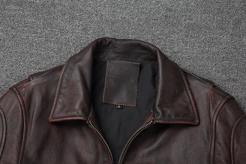 Men's short motorcycle coat in reddish brown genuine cowhide leather with stonewashed distressed finish