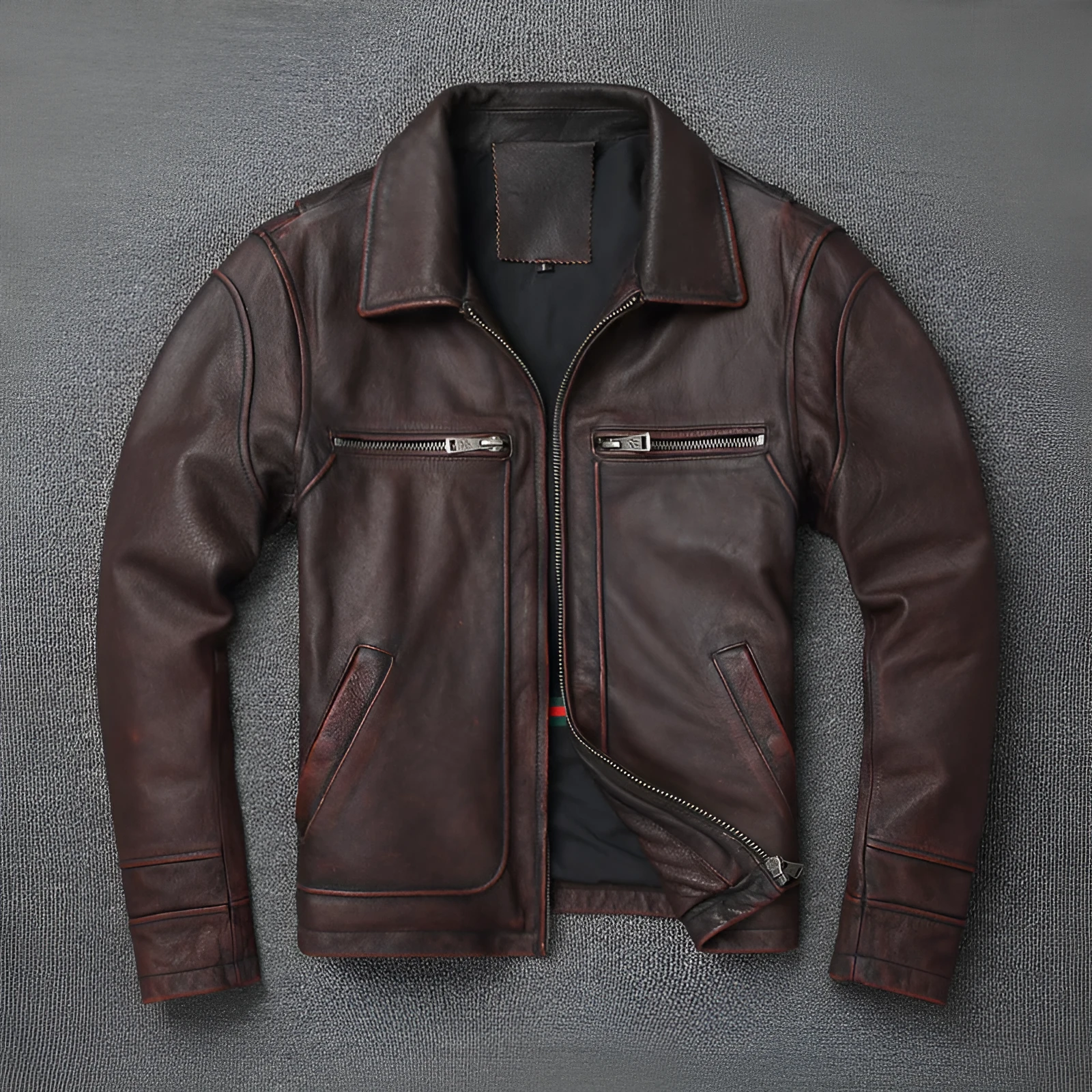 Men's short motorcycle coat in reddish brown genuine cowhide leather with stonewashed distressed finish
