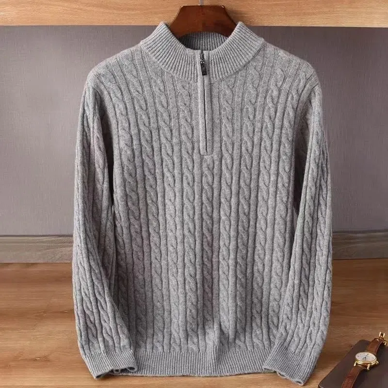 Men's thick twist jacquard sweater with half-zip high collar in grey, cotton blend and rabbit fur, long sleeve winter pullover