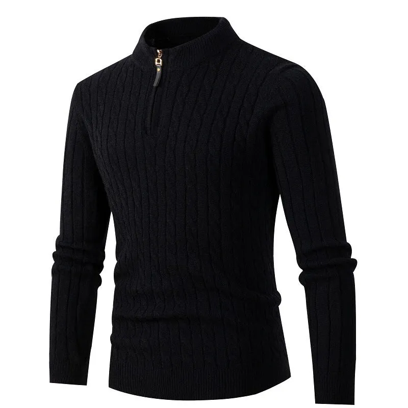 Men's thick twist jacquard sweater with half-zip high collar in grey, cotton blend and rabbit fur, long sleeve winter pullover