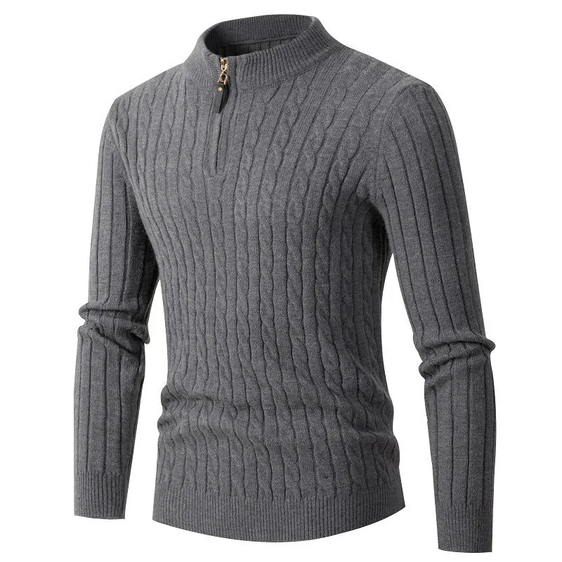 Men's thick twist jacquard sweater with half-zip high collar in grey, cotton blend and rabbit fur, long sleeve winter pullover