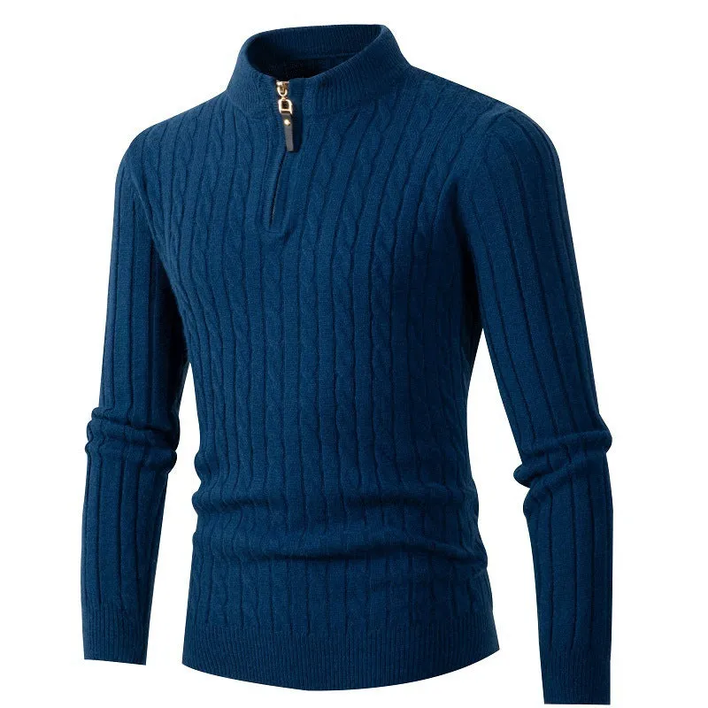 Men's thick twist jacquard sweater with half-zip high collar in grey, cotton blend and rabbit fur, long sleeve winter pullover