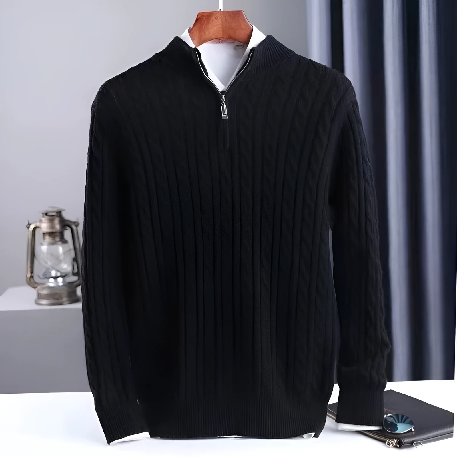 Men's thick twist jacquard sweater with half-zip high collar in grey, cotton blend and rabbit fur, long sleeve winter pullover