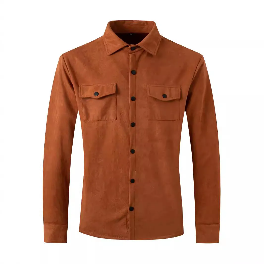 Men's turn-down collar casual jacket in solid colour with 3D patch pockets and loose fit