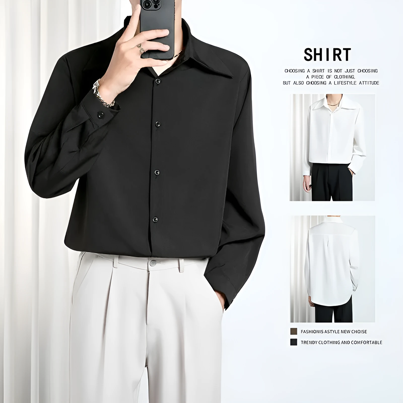 Men's loose non-iron polyester shirt in black and white, front view, with casual styling