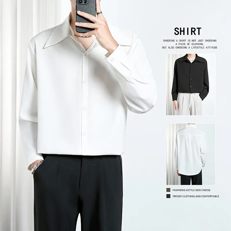 Men's loose non-iron polyester shirt in black and white, front view, with casual styling
