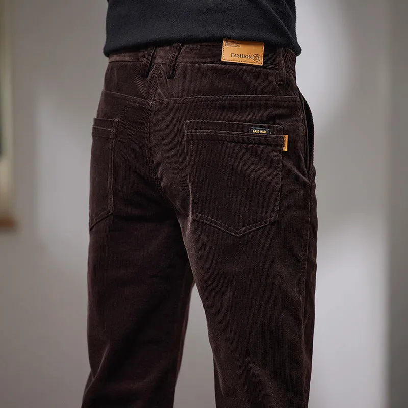 Men's slim fit straight corduroy trousers in black, cotton fabric, mid waist, micro elastic, size 28-40