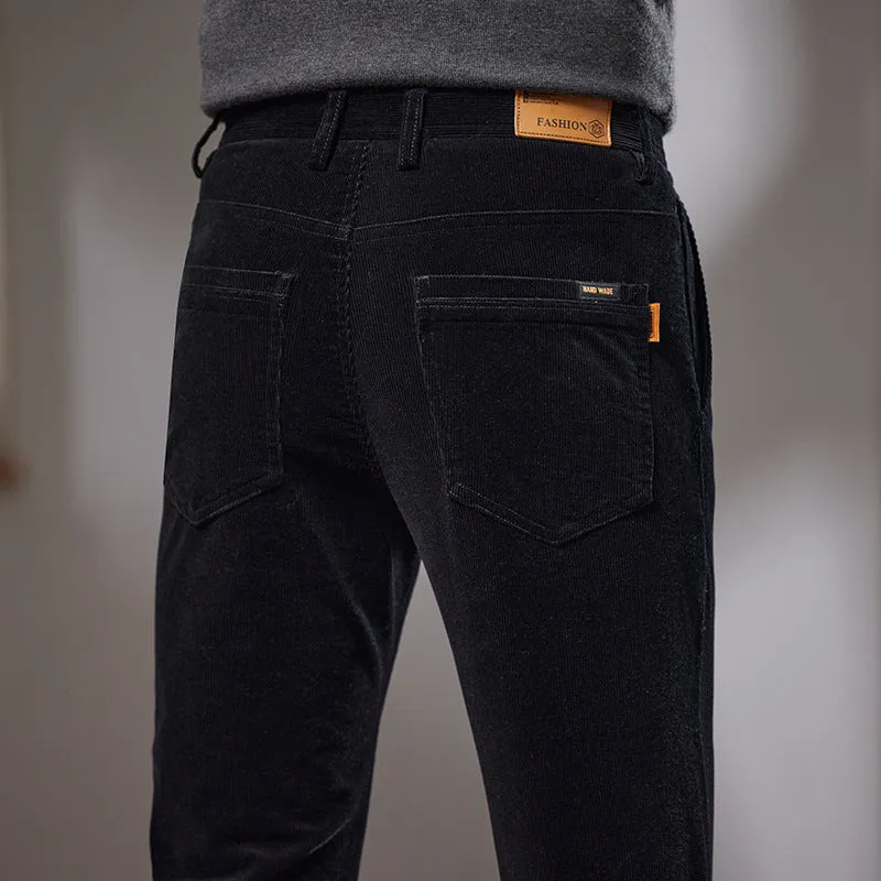 Men's slim fit straight corduroy trousers in black, cotton fabric, mid waist, micro elastic, size 28-40