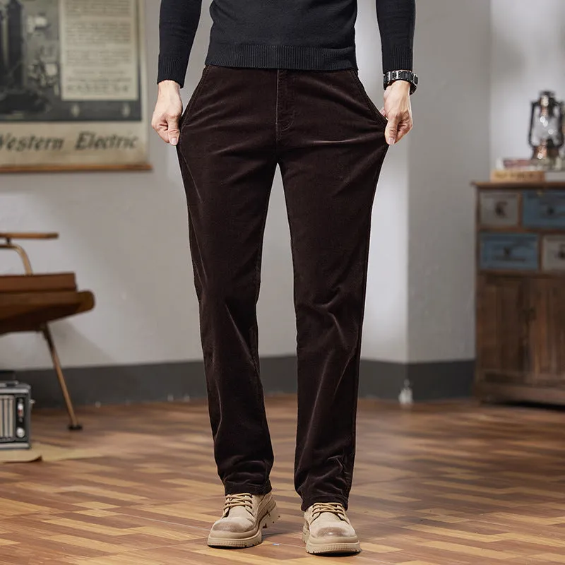 Men's slim fit straight corduroy trousers in black, cotton fabric, mid waist, micro elastic, size 28-40