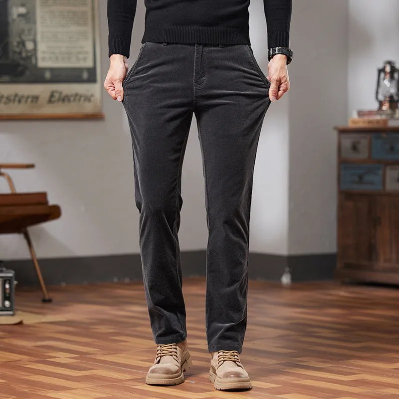 Men's slim fit straight corduroy trousers in black, cotton fabric, mid waist, micro elastic, size 28-40