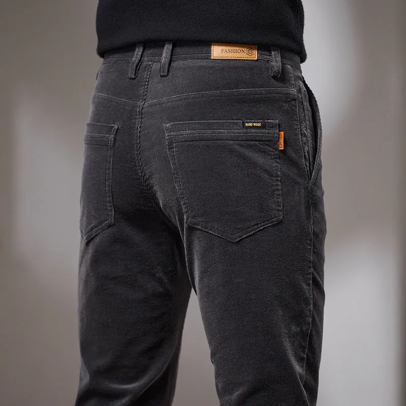 Men's slim fit straight corduroy trousers in black, cotton fabric, mid waist, micro elastic, size 28-40