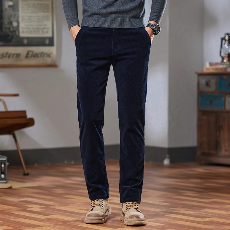 Men's slim fit straight corduroy trousers in black, cotton fabric, mid waist, micro elastic, size 28-40