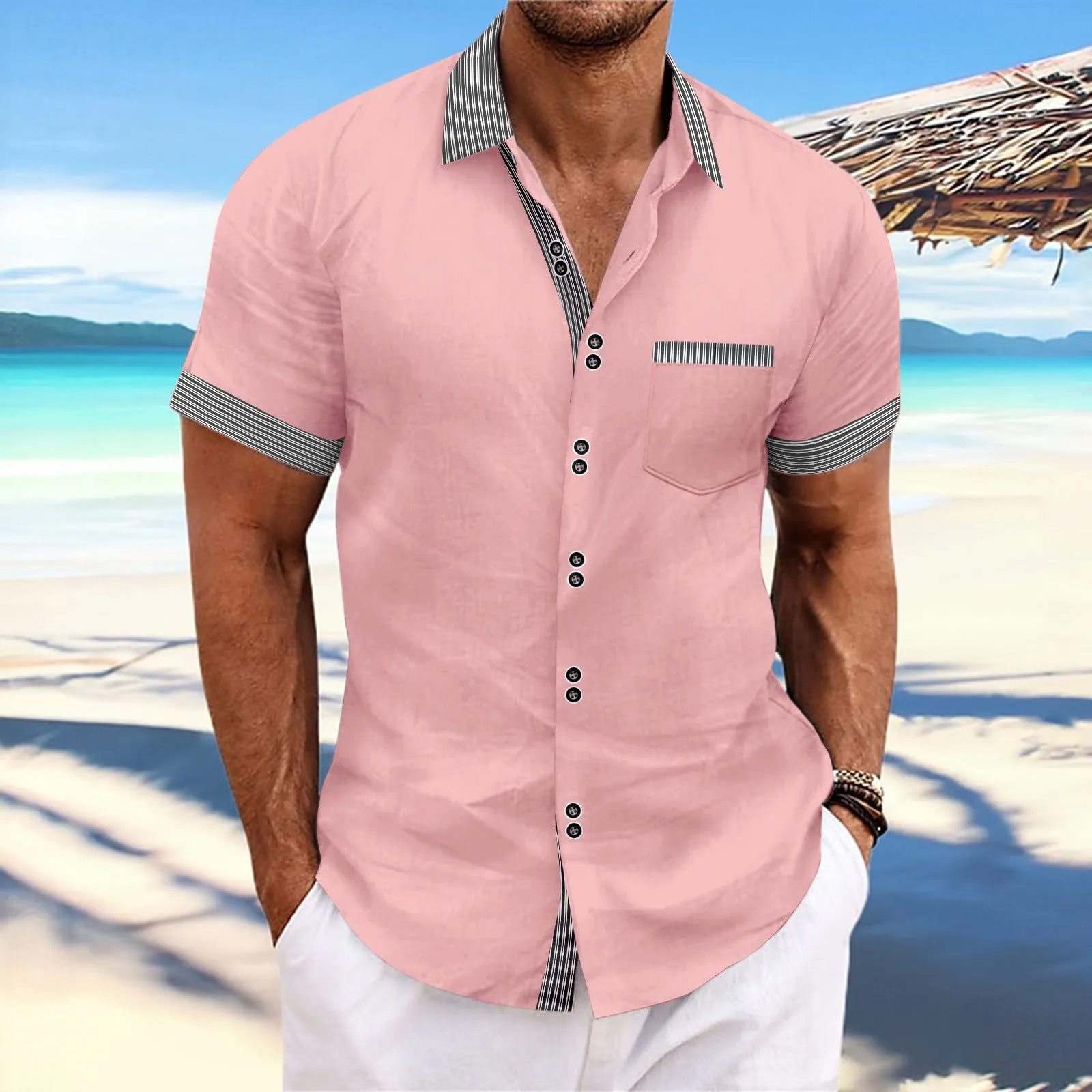 Men's slim fit striped short sleeve casual shirt in pure cotton on a hanger, showing double button detail.