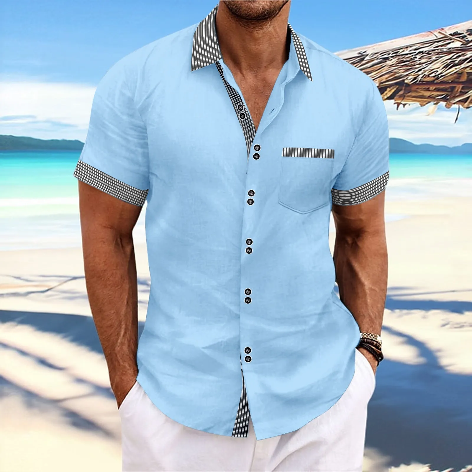 Men's slim fit striped short sleeve casual shirt in pure cotton on a hanger, showing double button detail.