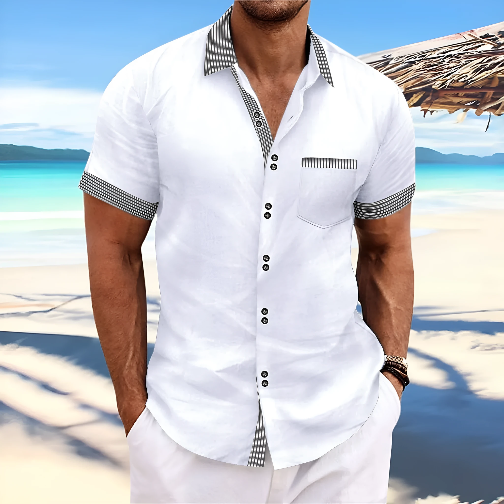 Men's slim fit striped short sleeve casual shirt in pure cotton on a hanger, showing double button detail.