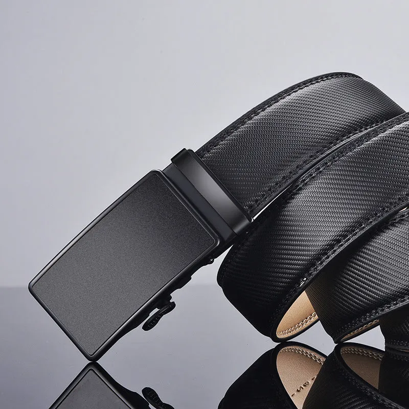 Men's two-layer cowhide click belt with glossy alloy rectangle buckle, striped embossed pattern, available in black in multiple lengths.