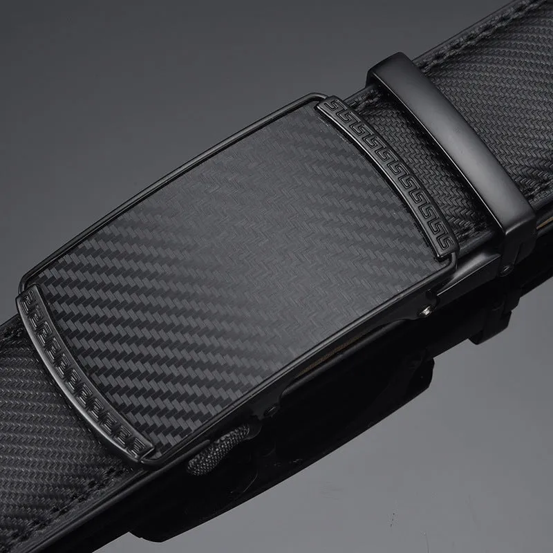 Men's two-layer cowhide click belt with glossy alloy rectangle buckle, striped embossed pattern, available in black in multiple lengths.