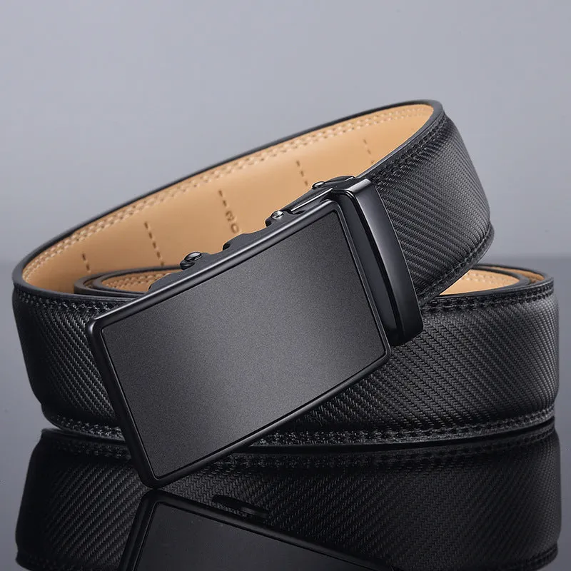Men's two-layer cowhide click belt with glossy alloy rectangle buckle, striped embossed pattern, available in black in multiple lengths.