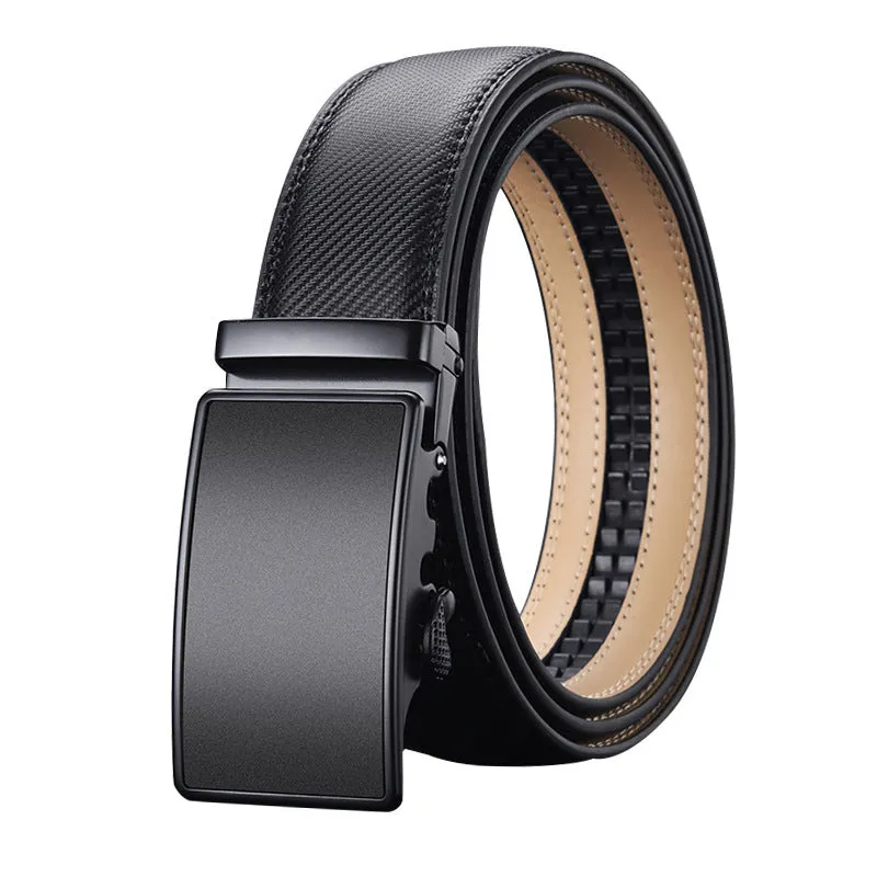 Men's two-layer cowhide click belt with glossy alloy rectangle buckle, striped embossed pattern, available in black in multiple lengths.