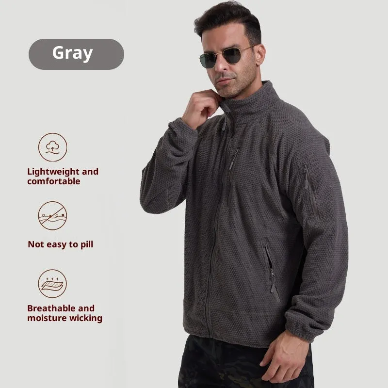 Men's polar fleece shell cycling jacket in army green, front view, solid colour design