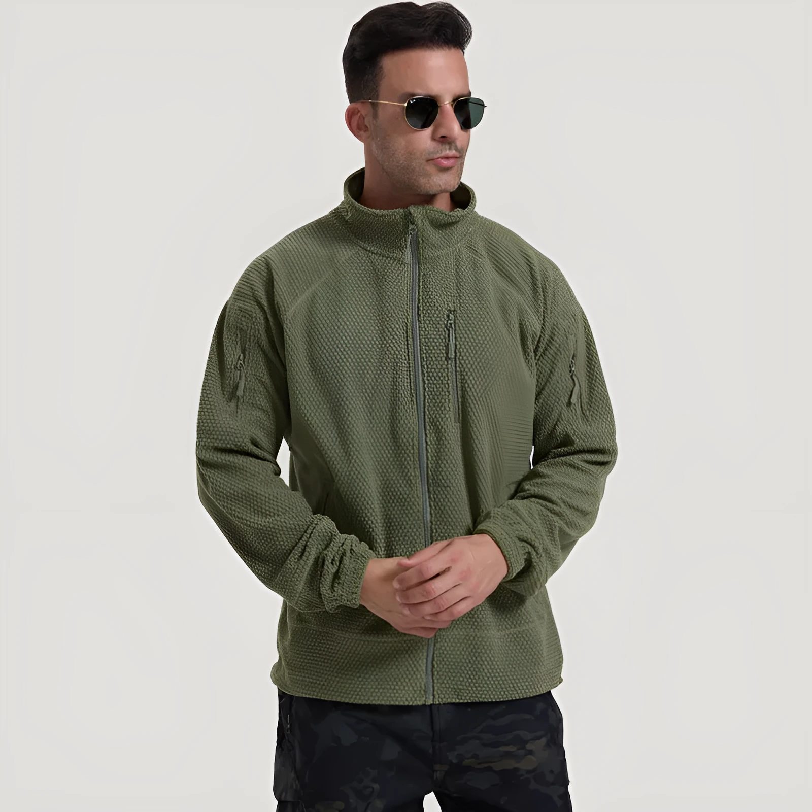 Men's polar fleece shell cycling jacket in army green, front view, solid colour design