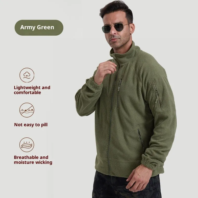 Men's polar fleece shell cycling jacket in army green, front view, solid colour design