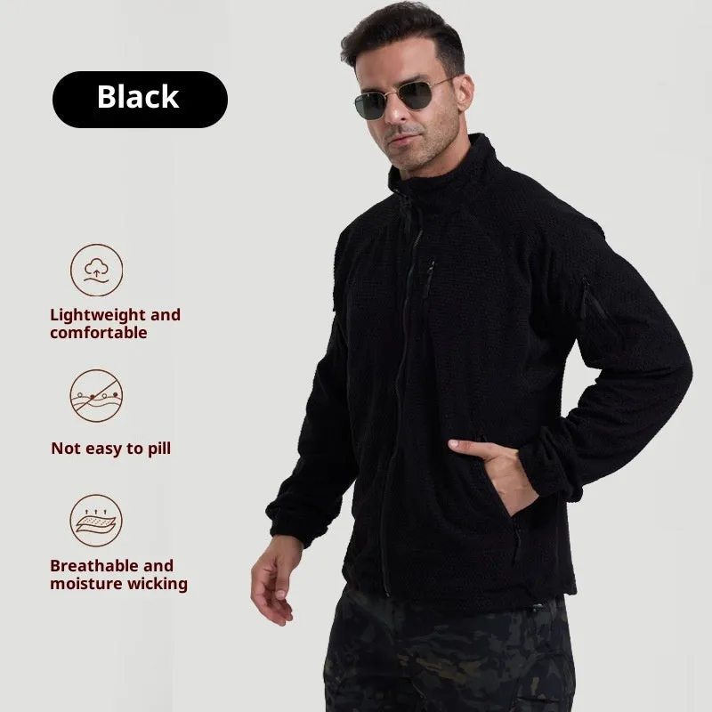 Men's polar fleece shell cycling jacket in army green, front view, solid colour design