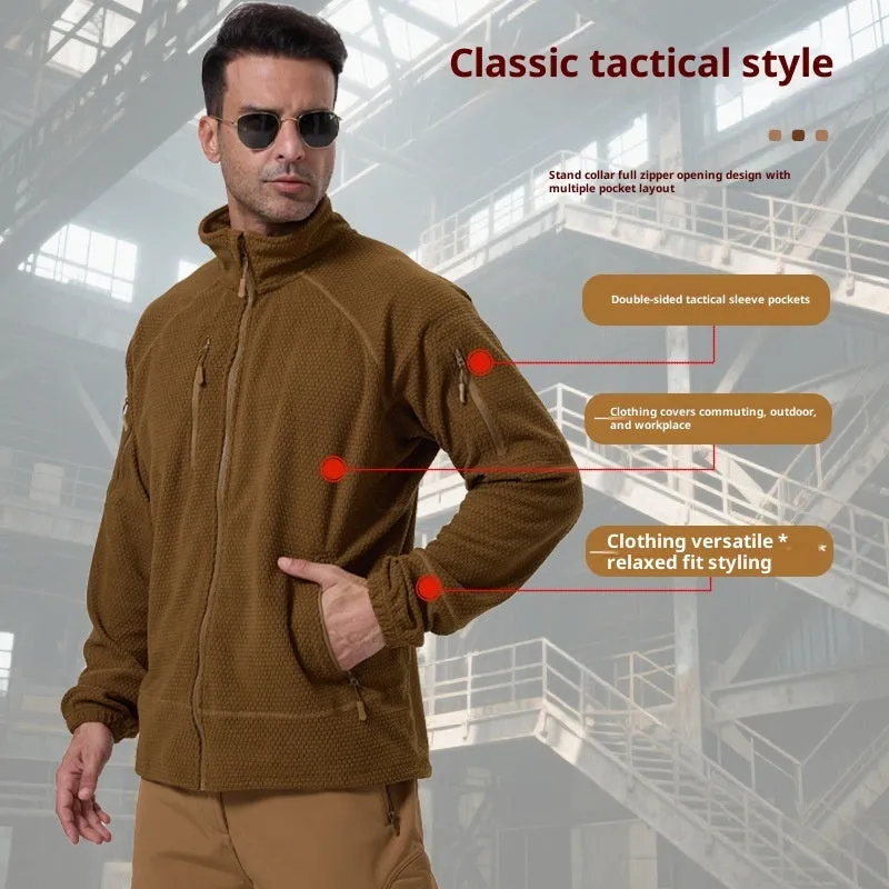Men's polar fleece shell cycling jacket in army green, front view, solid colour design