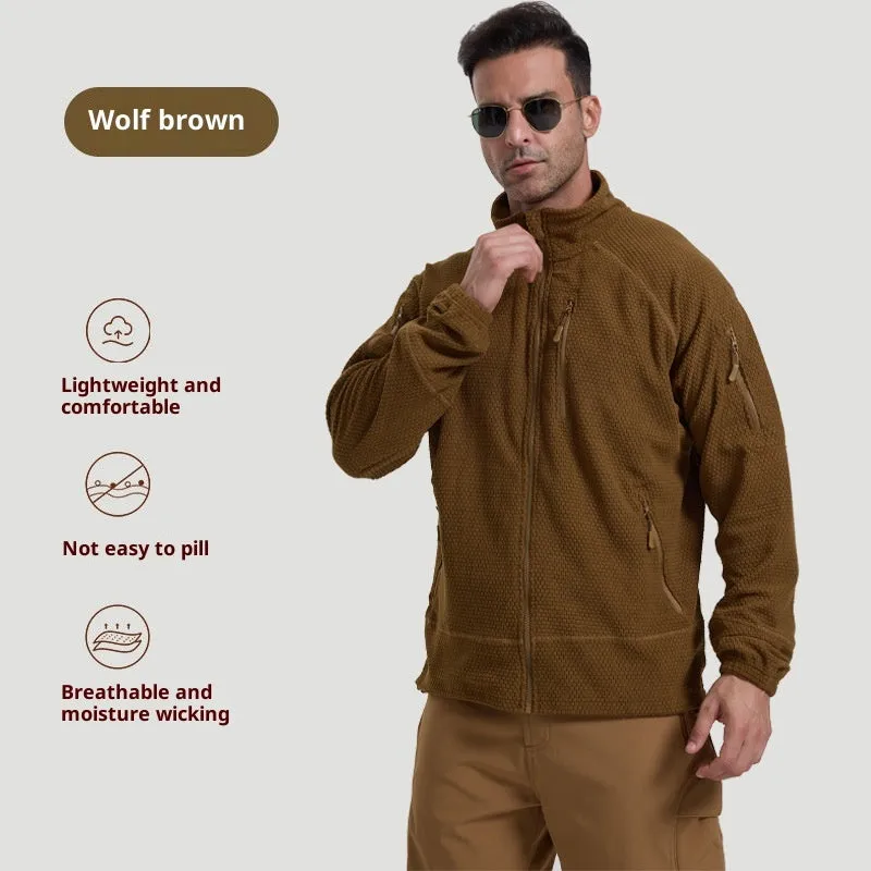 Men's polar fleece shell cycling jacket in army green, front view, solid colour design
