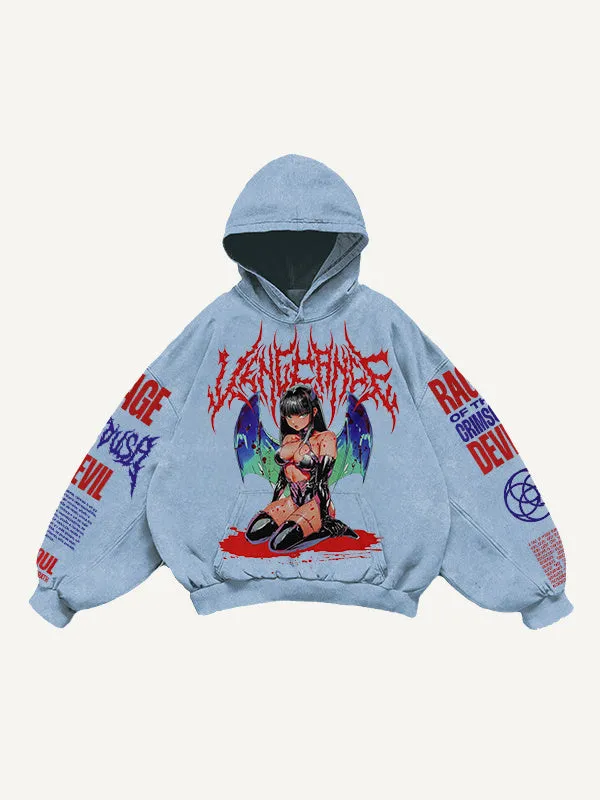 Men's printed hooded loose retro sweatshirt in black, long sleeve pullover style