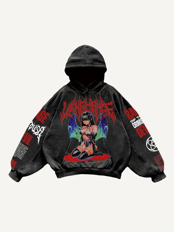 Men's printed hooded loose retro sweatshirt in black, long sleeve pullover style