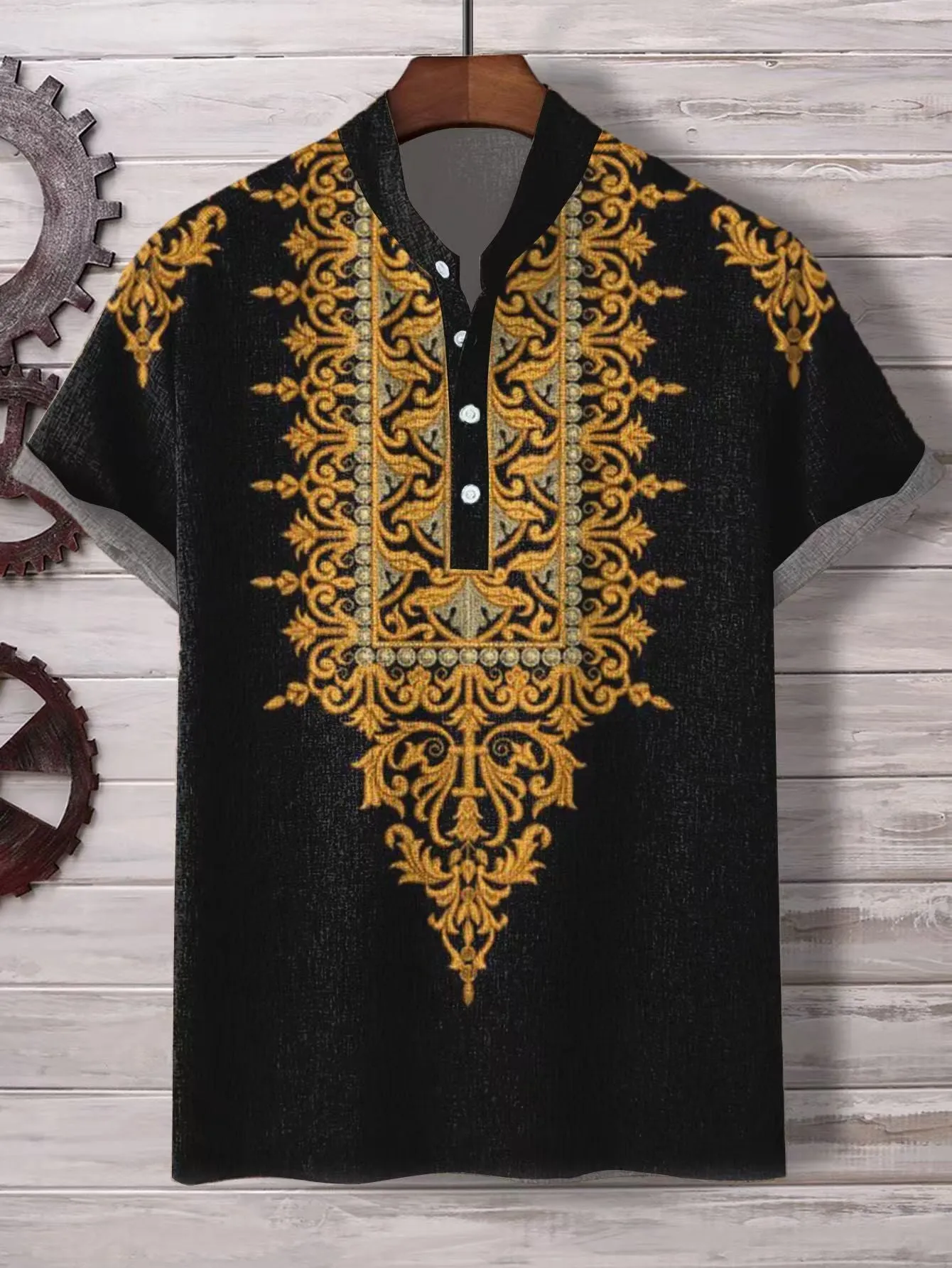Men's casual linen-style shirt with personalised buttons in striped pattern and loose fit