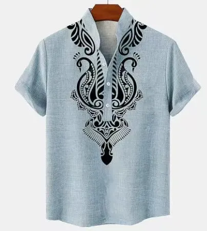 Men's casual linen-style shirt with personalised buttons in striped pattern and loose fit