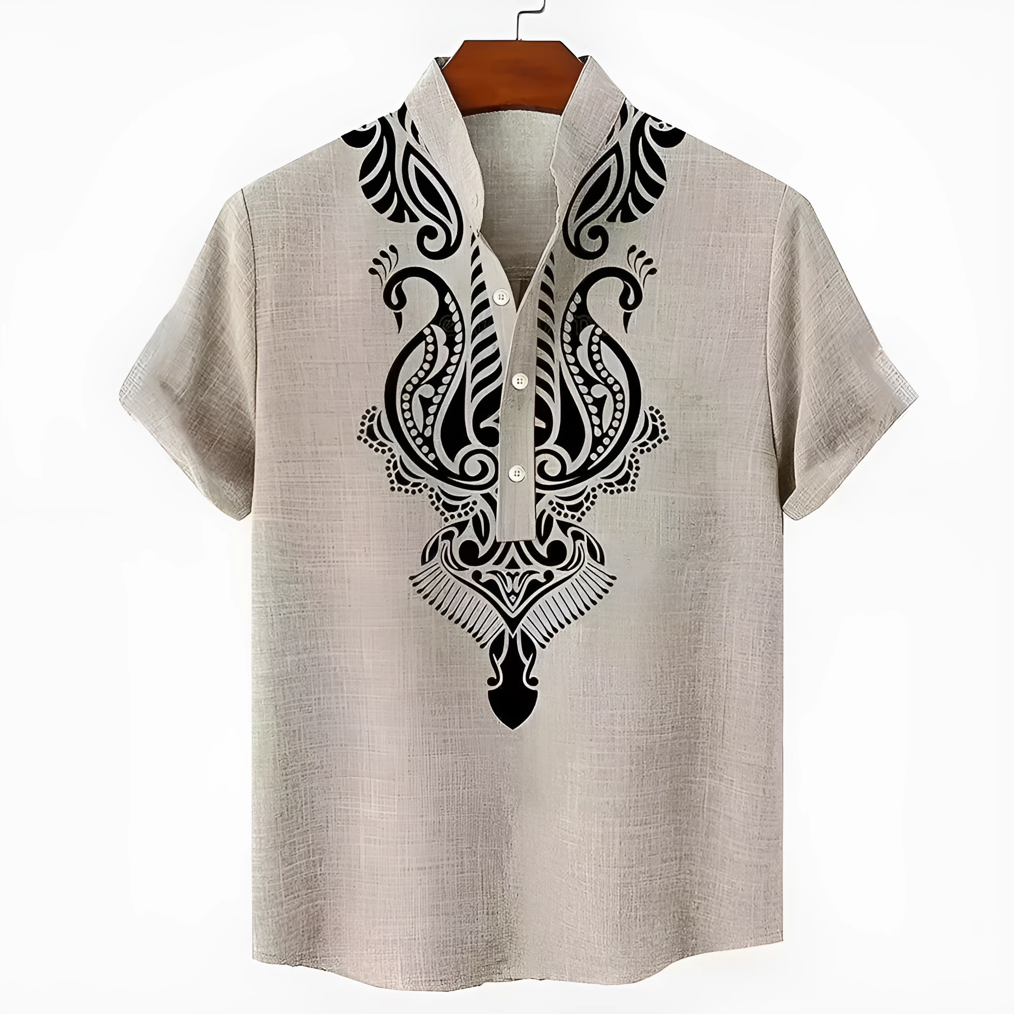 Men's casual linen-style shirt with personalised buttons in striped pattern and loose fit