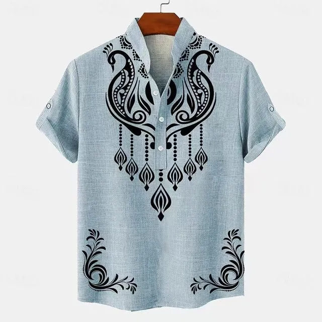 Men's casual linen-style shirt with personalised buttons in striped pattern and loose fit