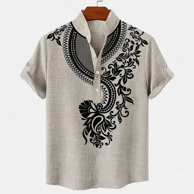 Men's casual linen-style shirt with personalised buttons in striped pattern and loose fit