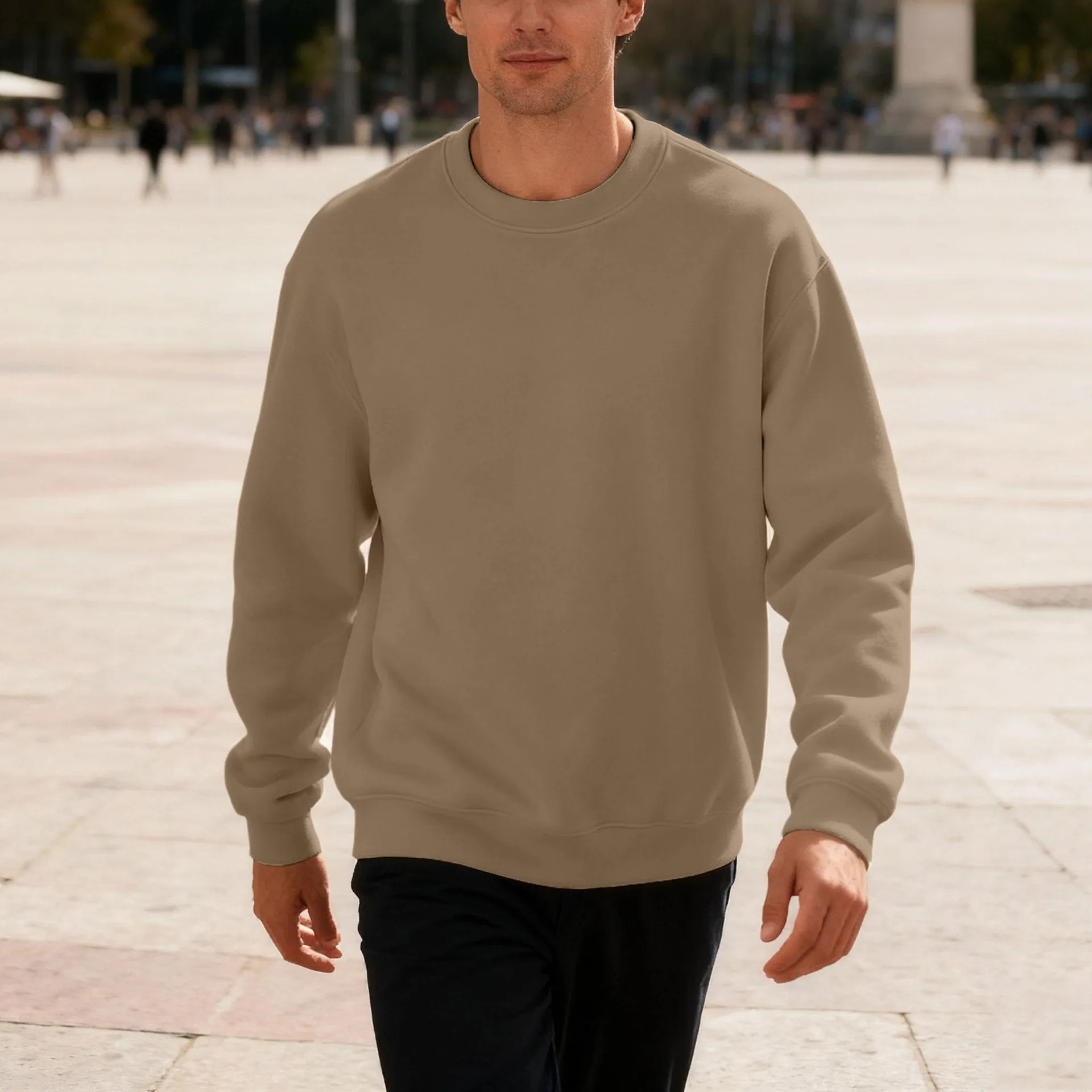 Men's loose oversized casual top in solid colour, long sleeve, round neck, polyester fabric, autumn wear
