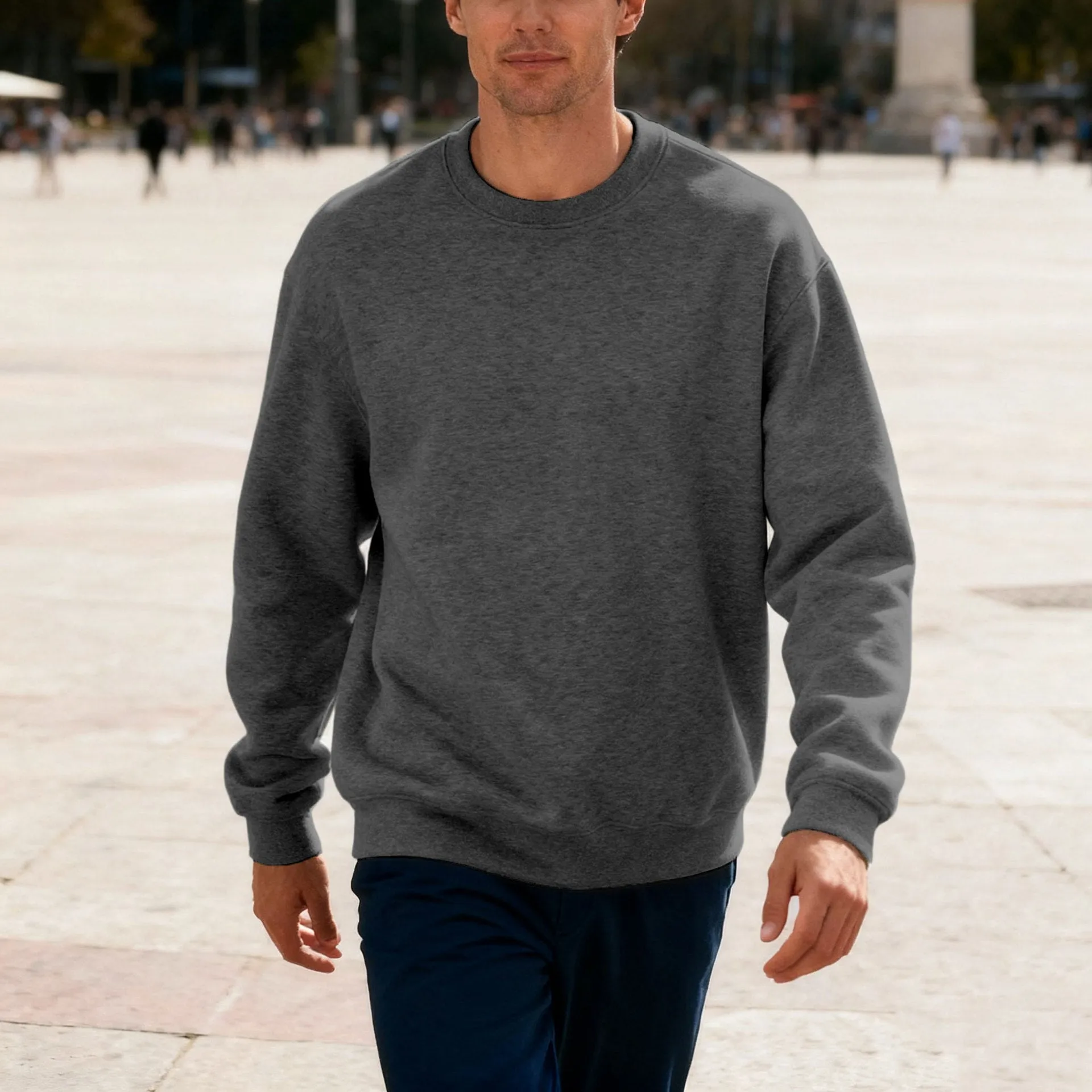 Men's loose oversized casual top in solid colour, long sleeve, round neck, polyester fabric, autumn wear