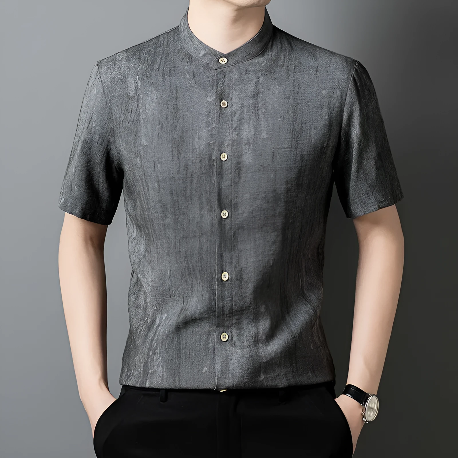 Men's loose-fit linen-look cardigan-style shirt in a viscose blend, shown in black and grey.