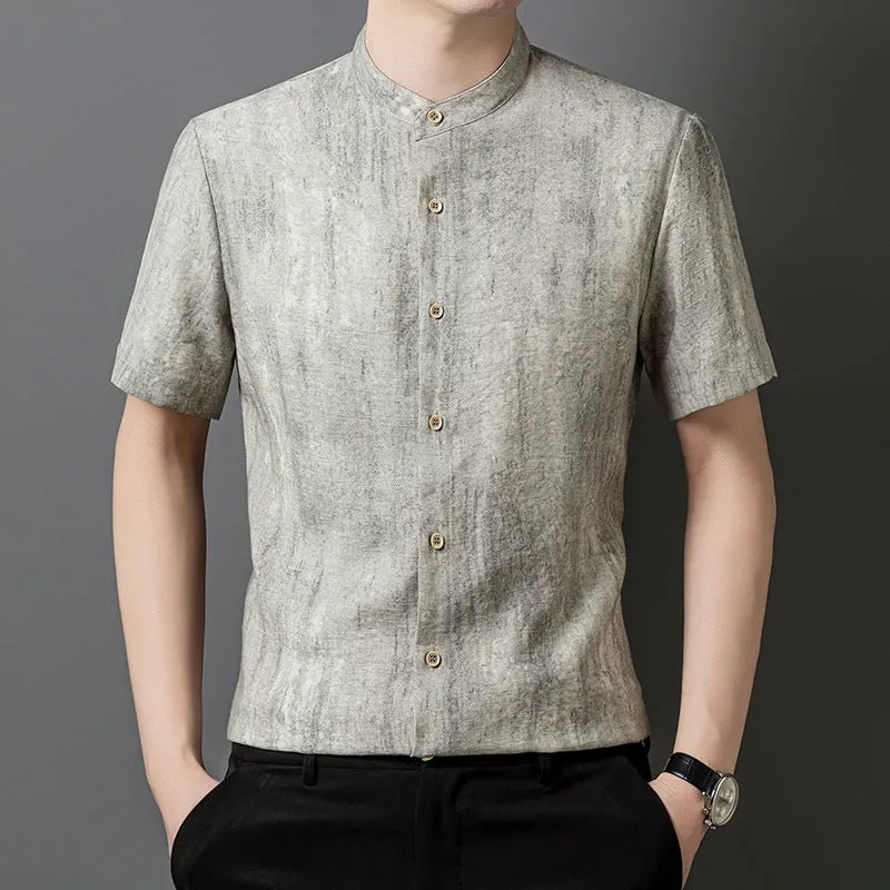 Men's loose-fit linen-look cardigan-style shirt in a viscose blend, shown in black and grey.